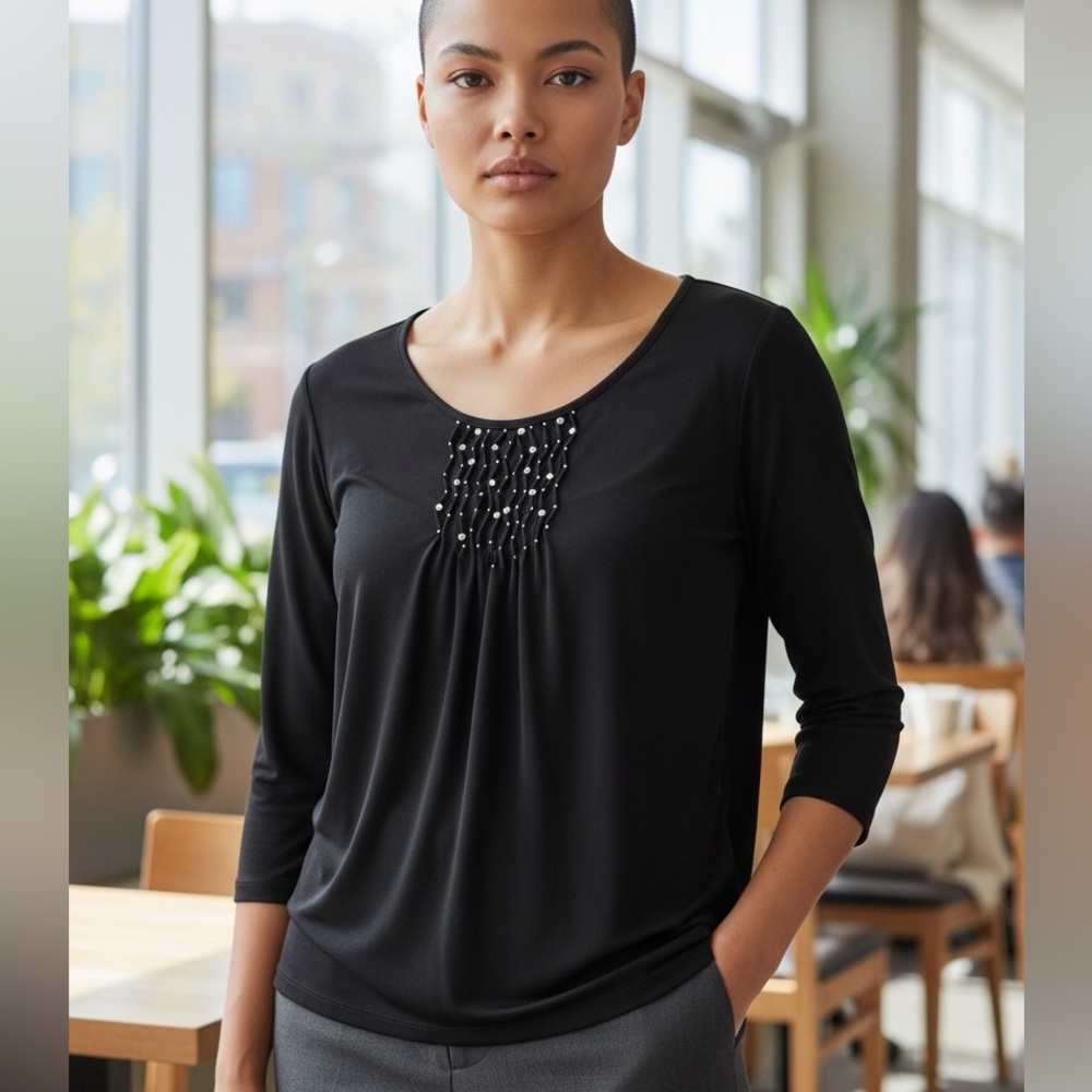 Avenue Black Long Sleeve Scoop Neck Top with Front Bead Detail size 22